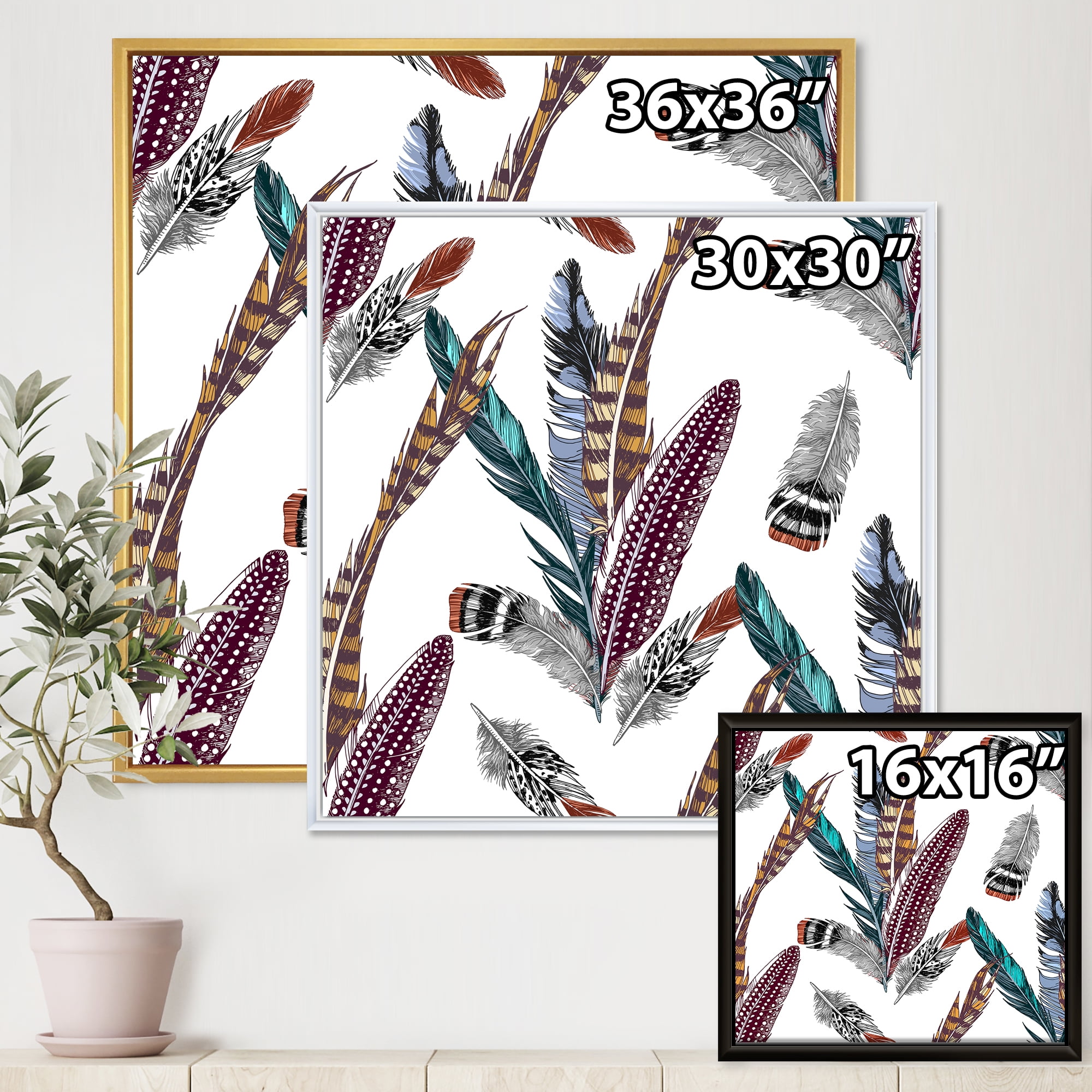 Designart 'Colourful Boho Art Feather Set V' Bohemian & Eclectic Framed Canvas Wall Art Print