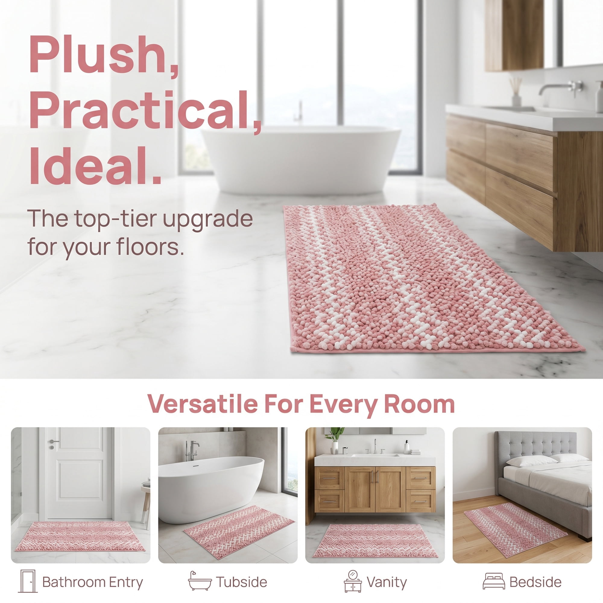 Unique Bargains Ultra Soft Non Slip Machine Washable Chenille Bath Mat Pink 32" x 20"