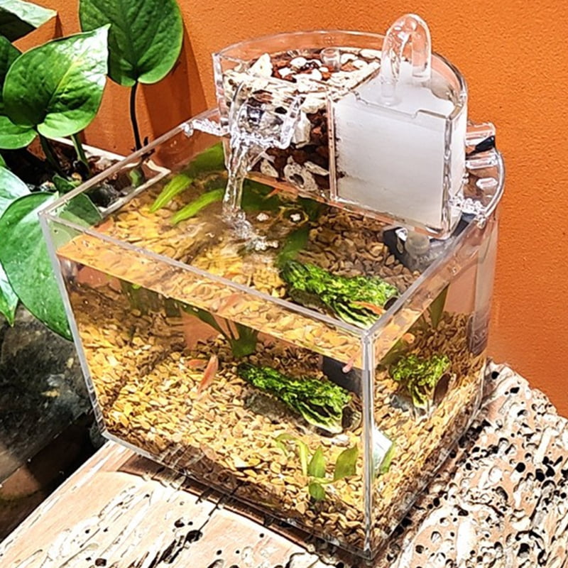 Mini Aquarium for Tank Desktop Fish Bowls for Small Fish Clear Aquariums Waterfall Outlet with 2.5w Quiet Pump Filter Co