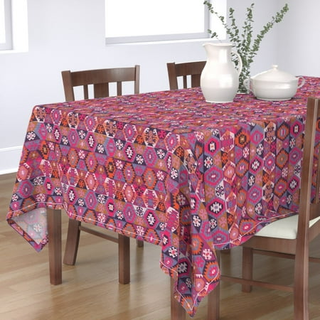 

Cotton Sateen Tablecloth 70 Square - Sunrise Kilim Geometric Tribal Midcentury Modern Pink Honeycomb Print Custom Table Linens by Spoonflower