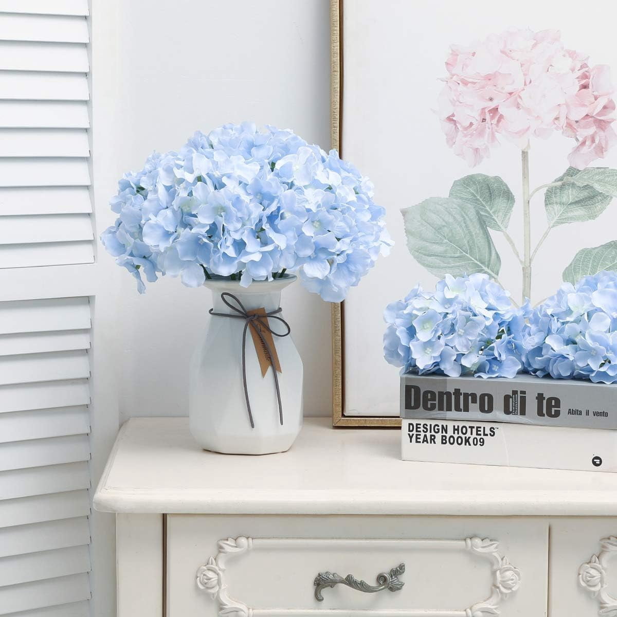 Fake Blue Hydrangea Artificial Flowers - Faux Silk Hydrangeas Flowers Heads with Stems Real Touch for Home Wedding Party Table Decor(Blue,Pack of )