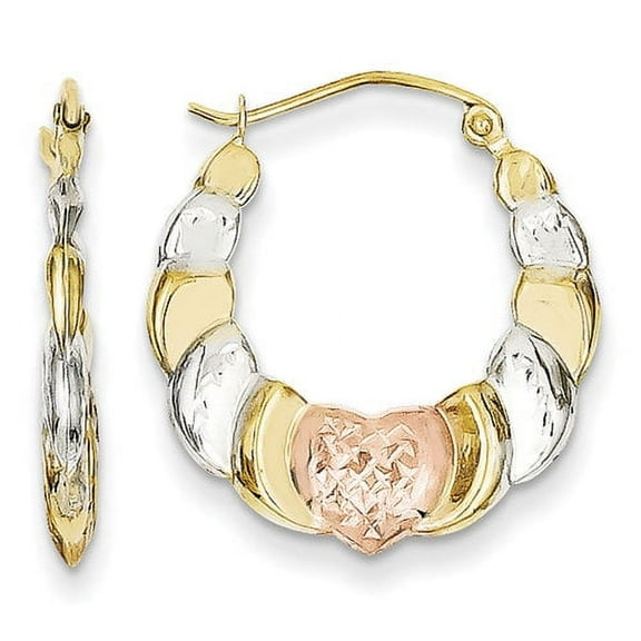 Primal Gold 14 Karat Yellow Gold White and Rose Rhodium Scalloped Heart Hoop Earrings