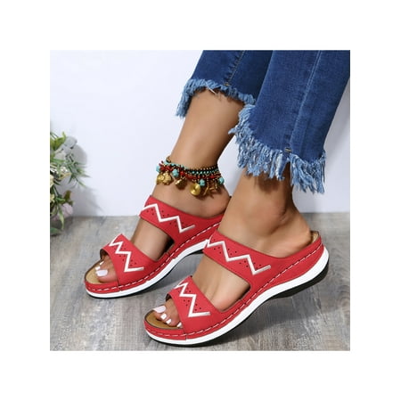 

Ritualay Girls Slides Open Toe Slippers Solid Color Sandals Comfortable Lightweight Shoes Lady Ladies Slip On Flats Red 6