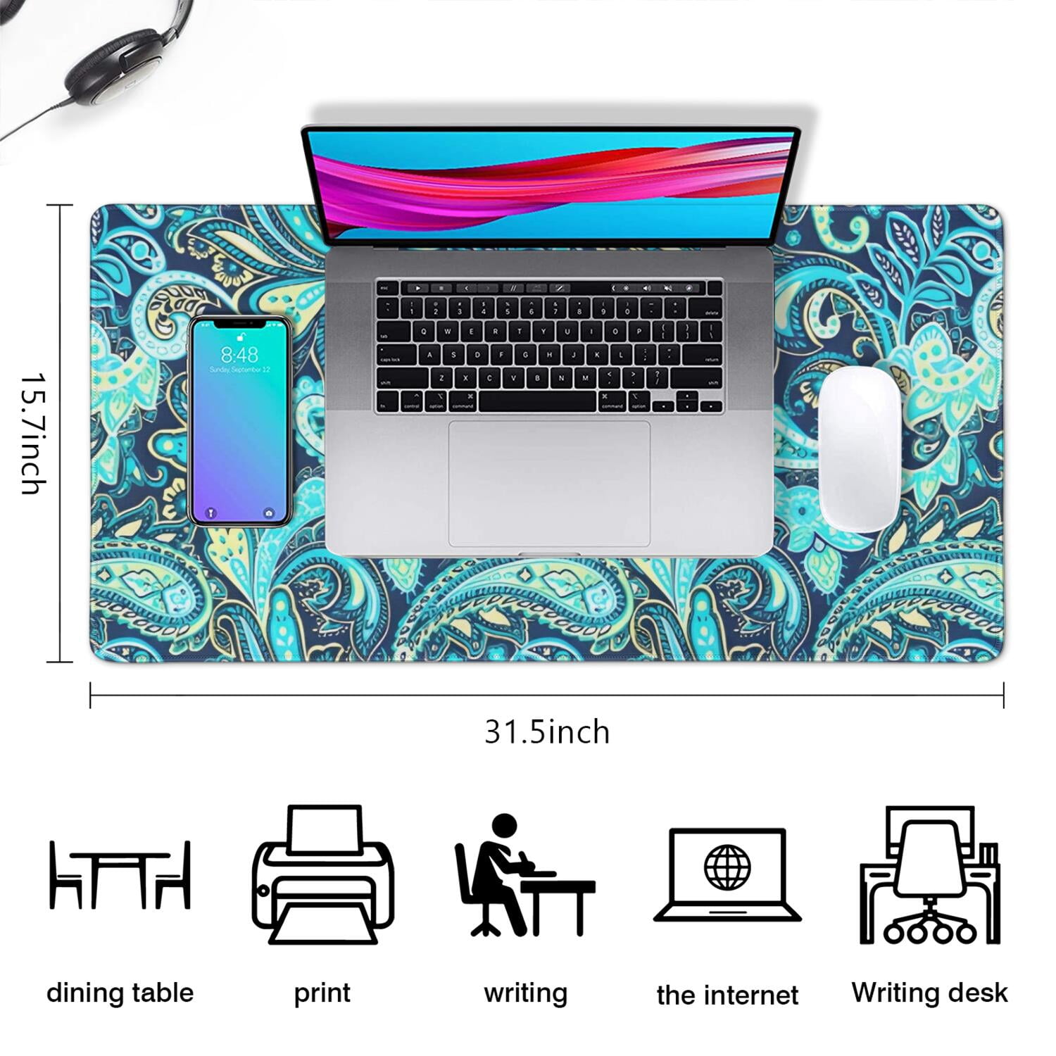 Long Mouse Pads for Desk,Blue Paisley and Floral Pattern Desk Mats on Top Of Desks, Desk Mouse Pad Extra Large with 3mm Non-Slip Base and Stitched Edge for Gaming,Office,Work,Home 31.5"x15.7"