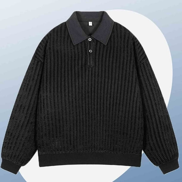 Blusa y camisa de manga larga con cuello vuelto para hombre, blusa deportiva holgada a rayas con botones y manga larga con cuello vuelto, blusa de poliéster para hombre