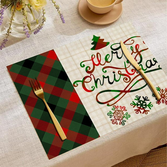 Sokhug Farmhouse Christmas Plaid Dining Table & Kitchen Decor, Holiday Placemat Set, 13x18in, Red & Green