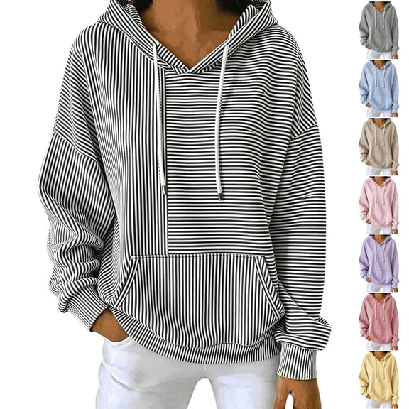 TGSLY Women's Striped Hooded Sweatshirt Long Sleeve Drawstring Oversized Hoodies with Kangaroo Pocket Loose Fit Dressy Casual Pullover Tops XL