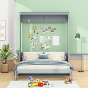 Euroco Queen Size Murphy Bed with Desk and Shelves, Convertible Wall Bed into Cabinet for Living Room, Easy Open and Close, Gray