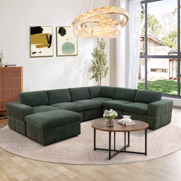 Homeness Green Oversized Sectional Sofa 7 Seats - Modular Corduroy Couch for Living Room, U-Shaped Sectional Couches with Storage, Reversible Chaises,Green
