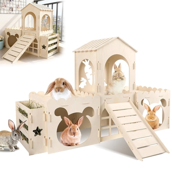 Extra Large Rabbit Castle, Wooden Bunny House & Hay Feeder, Detachable Rabbit Hideaway, Indoor Rabbit Castle with Ramp, Small Animal Houses & Habitats
