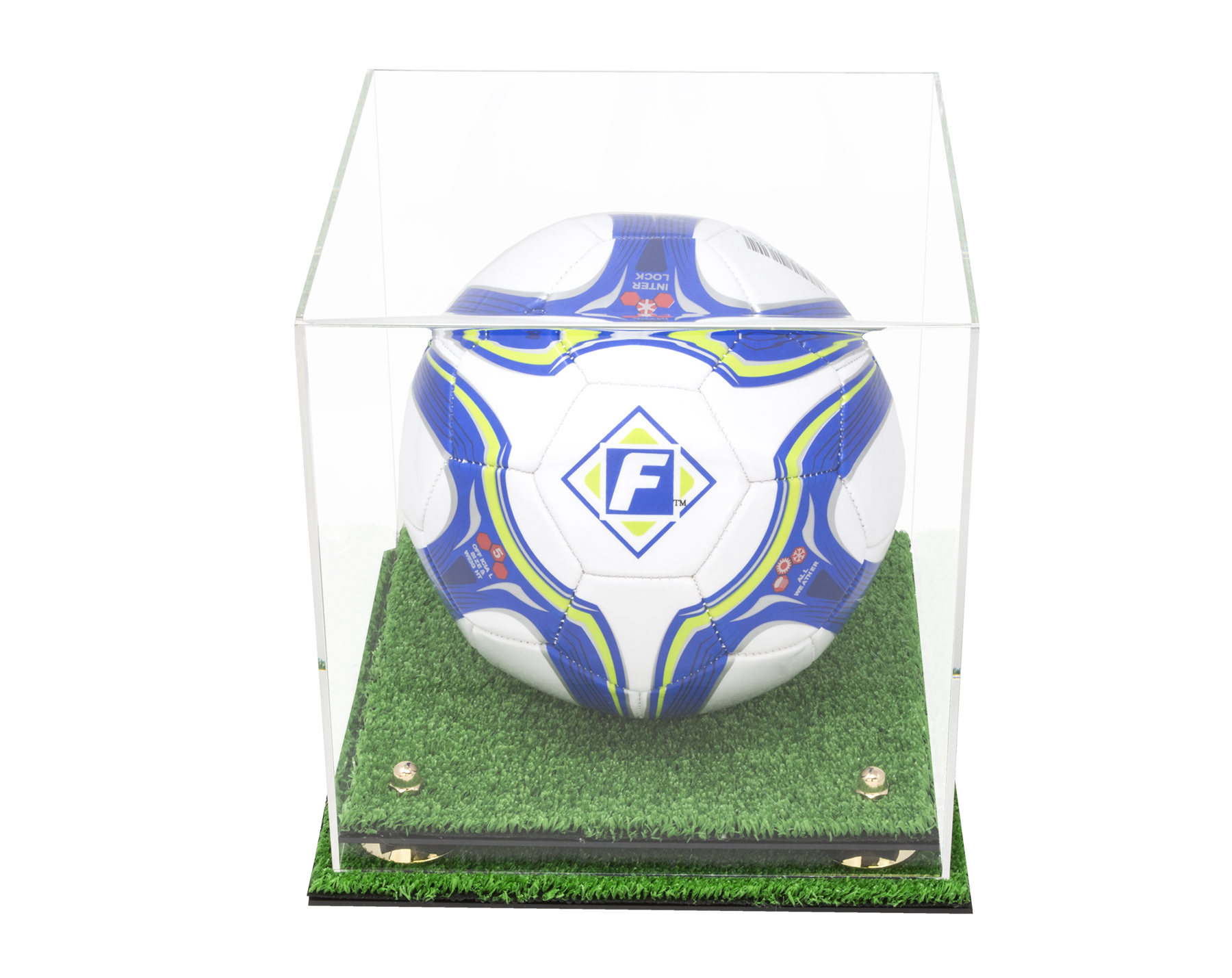 Deluxe Clear Acrylic Soccer Ball Display Case with Gold Risers and Turf