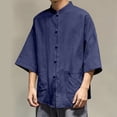 thumbnail image 5 of Ceisia Men Chinese Frog Button Linen Shirt Mandarin Collar Three Quarter Sleeve Casual Top Blue L Gift, 5 of 6
