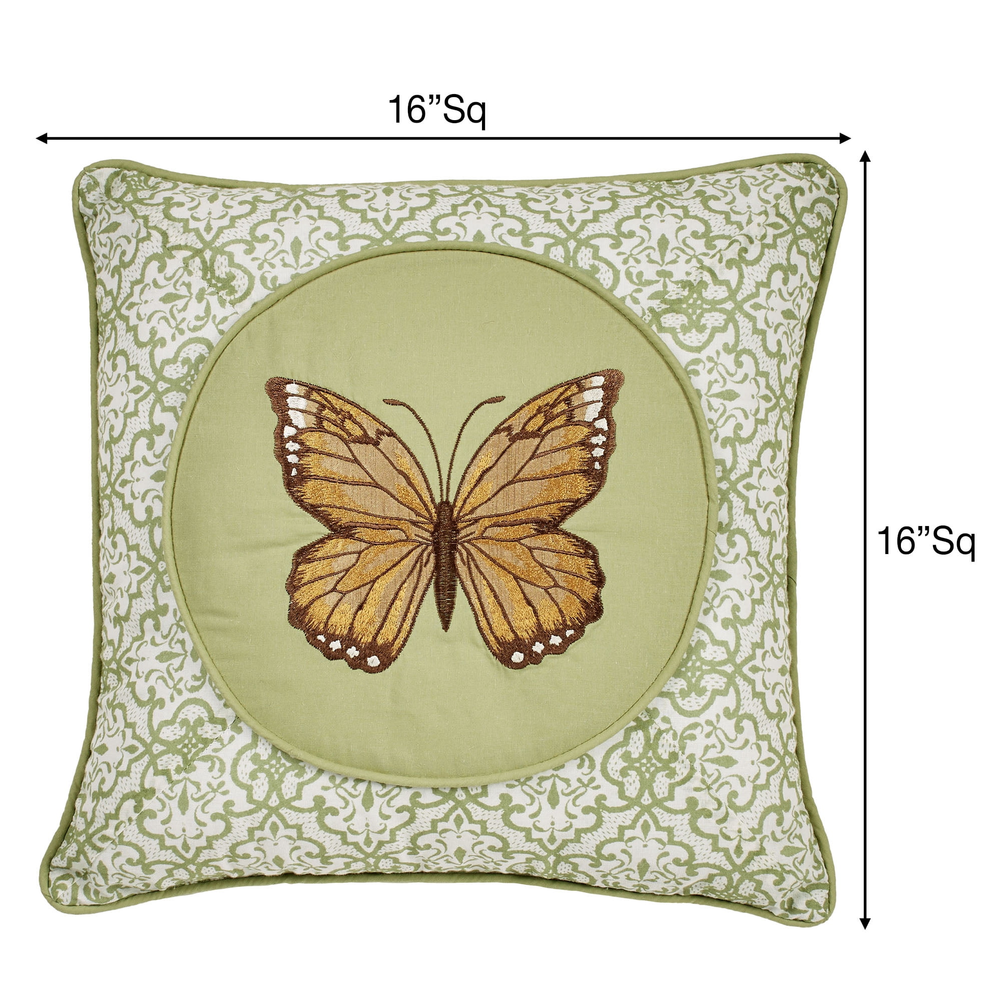Butterfly Eden Embroidered Butterfly on Moss Green Pillow 16 Inches Square