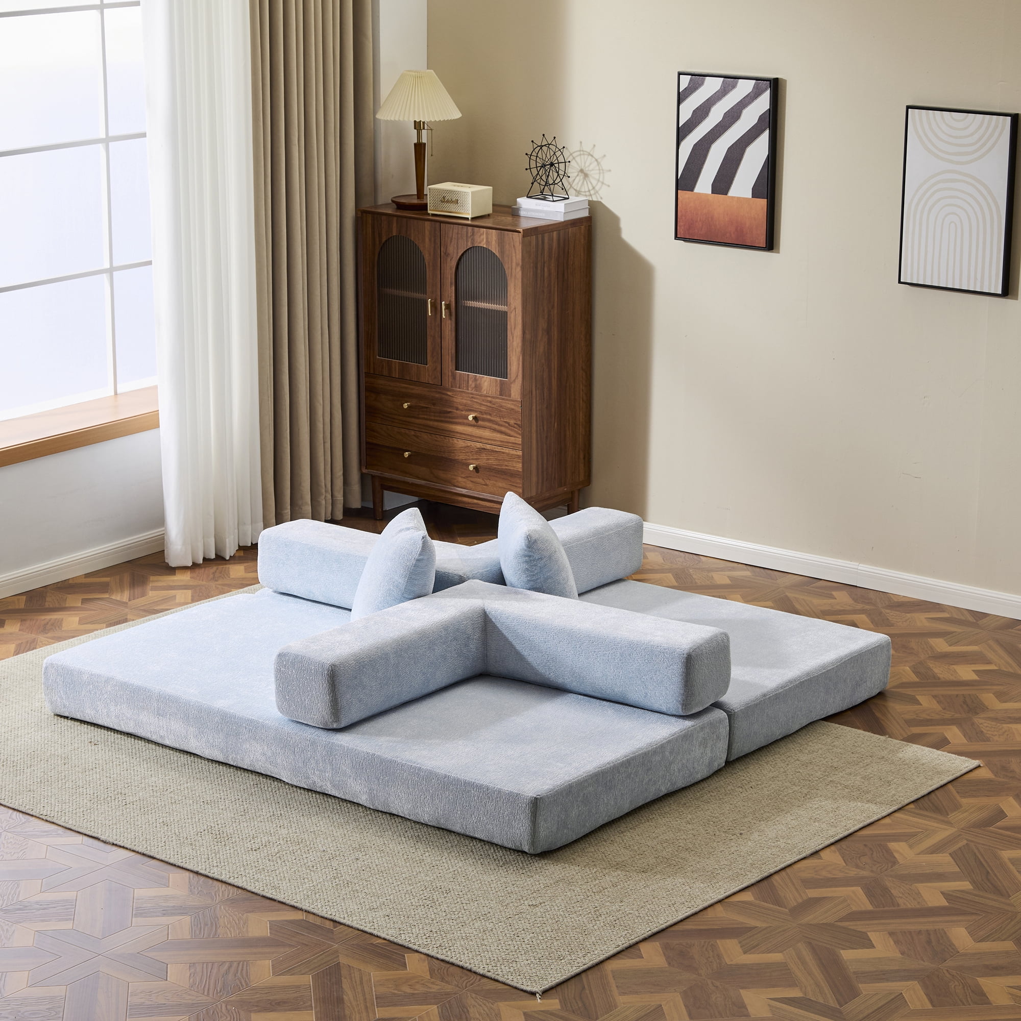 Miniyam 4 in 1 Convertible Floor Sofa Bed, Chenille Floor Couch with Armrest, Pillow for Living Room, Sky Blue