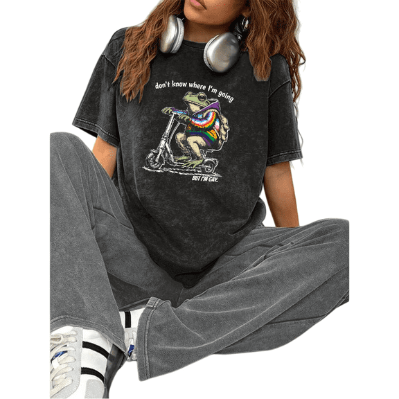 Women's Bold Statement Pride "Don't Know Where I'm Going " Frog On Scooter Graphic Casual Washed T Shirt Black S-2XL Plus Size