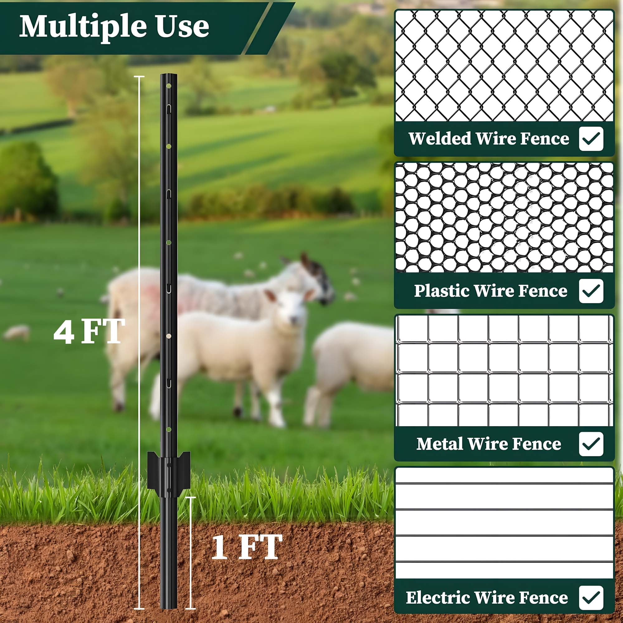 Miniyam 10 Piece Garden Fence Post Set, 4-ft Heavy-Duty U-Shaped Metal Posts for Wire Mesh Fences, No-Dig Temporary Fence Posts, Black