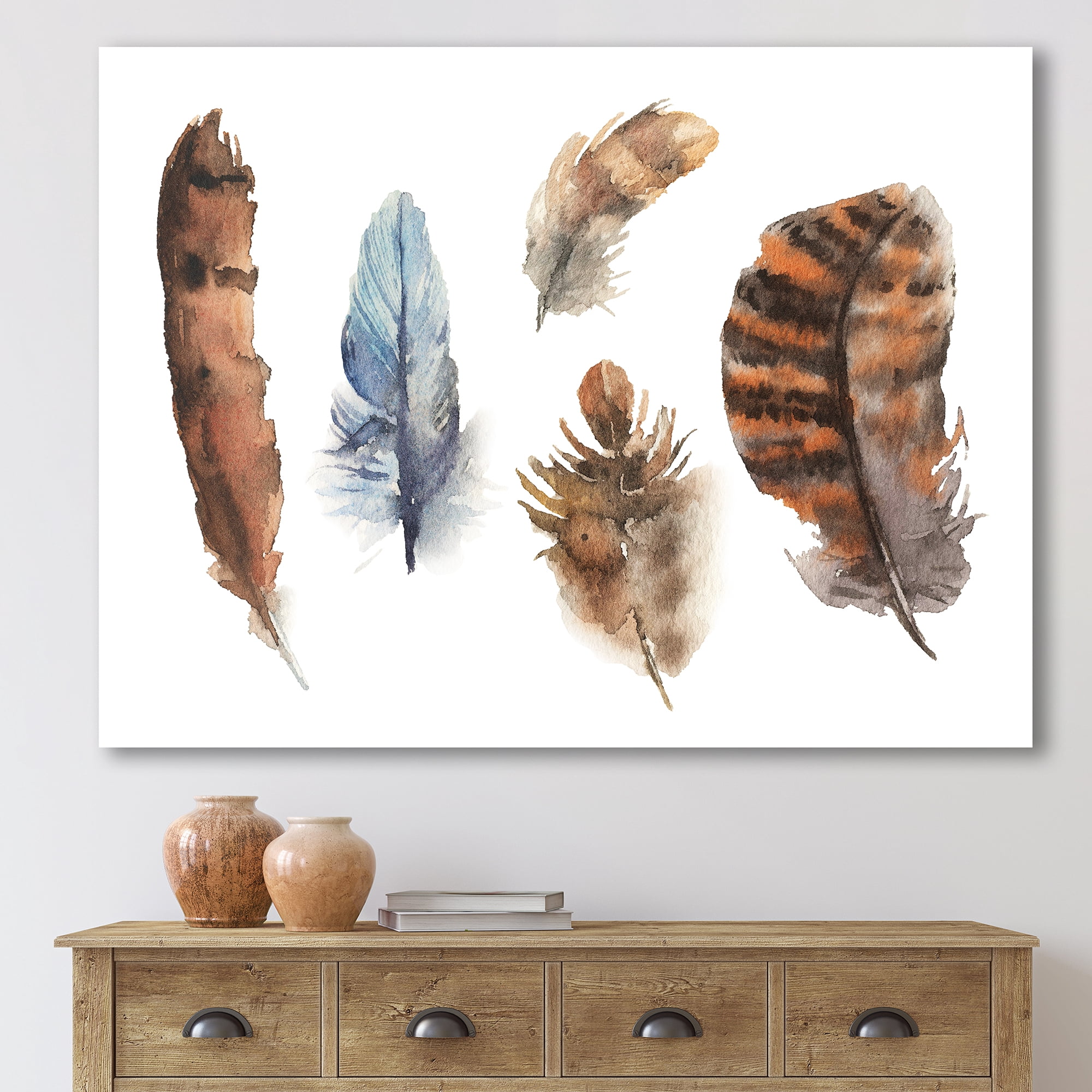 Designart ' Ethnic Boho Feathers In Earth Tones On White ' Bohemian & Eclectic Canvas Wall Art Print