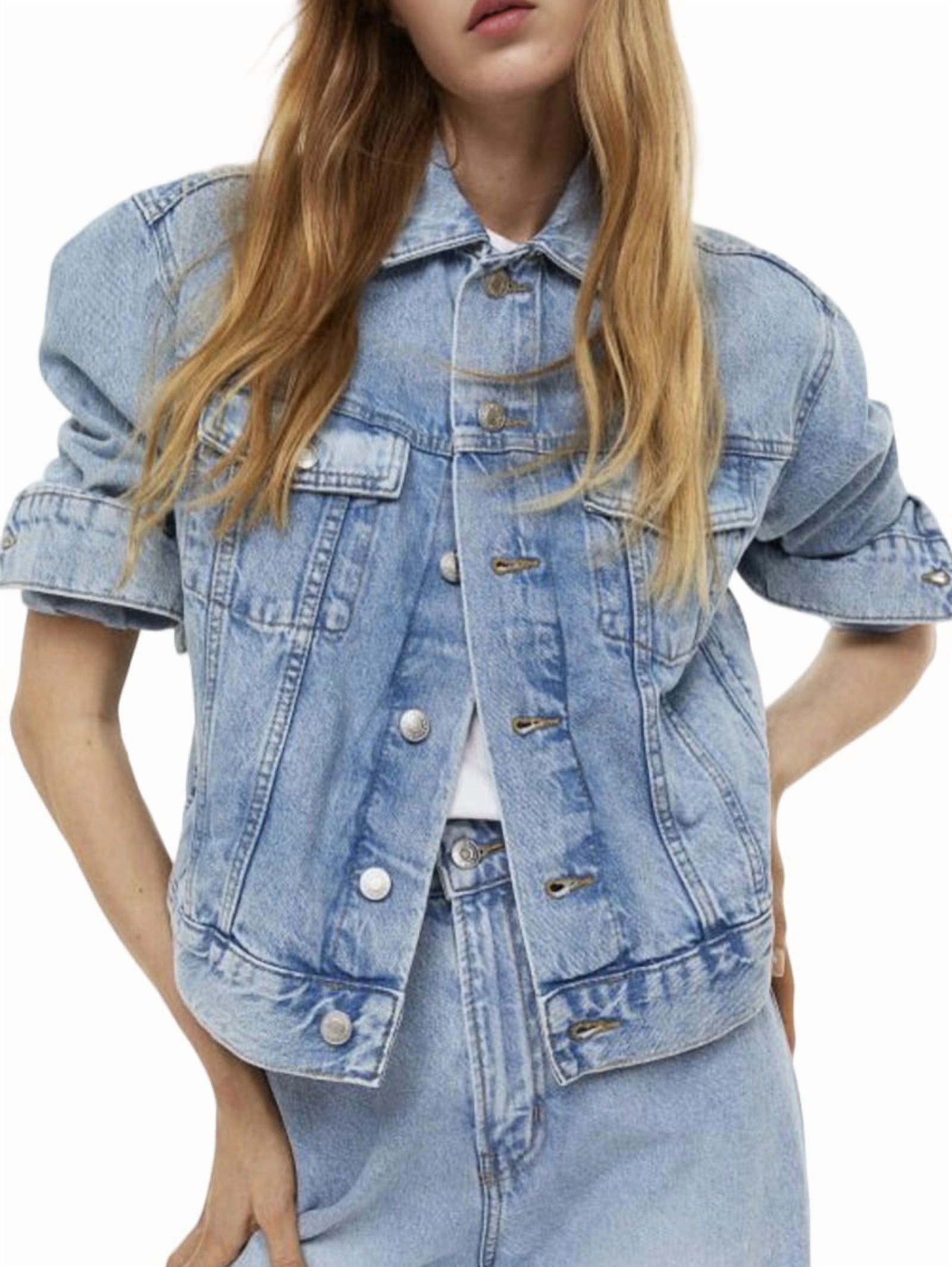 Free Assembly Women's Cropped Denim Jacket with Short Sleeves