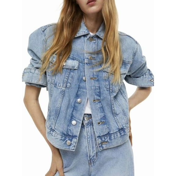 Women'S 3/4 Sleeve Colored Cropped Denim Jacket Light Wash Short Jean Jacket Trucker Coat Blue S