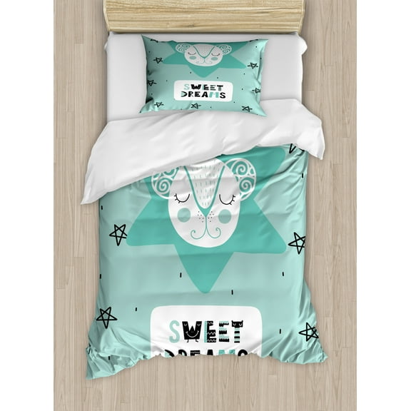 Sweet Dreams Twin Size Duvet Cover Set, Lettering with Illustration in Scandinavian Style Mouse and Stars, Decorative 2 Piece Bedding Set with 1 Pillow Sham, Seafoam Black and White, by Ambesonne