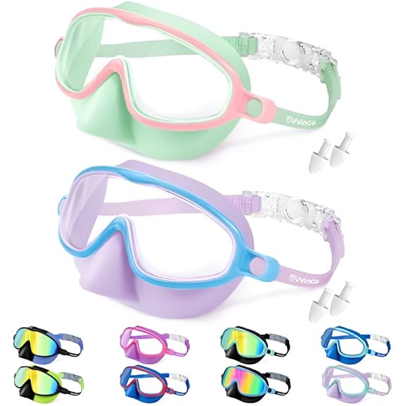 BESTSKY Swim Goggles with Nose Cover, 2 Pack Wide View Diving Mask Anti-Fog UV No Leak Toddlers Swimming Goggles for Kids 3-15