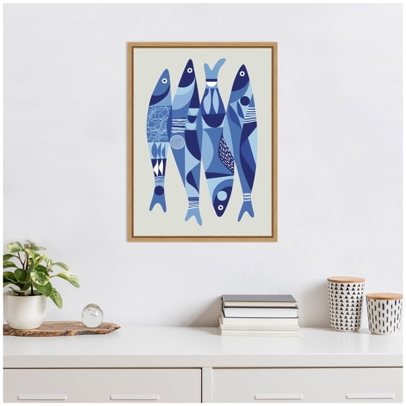 Kate and Laurel Modern Coastal Sardines in Blue Framed Canvas Wall Art by Rachel Lee 18 x 24 Sylvie Natural, Modern, Abstract, Animals, Beach Art for Wall Decor, Living Room, Bedroom