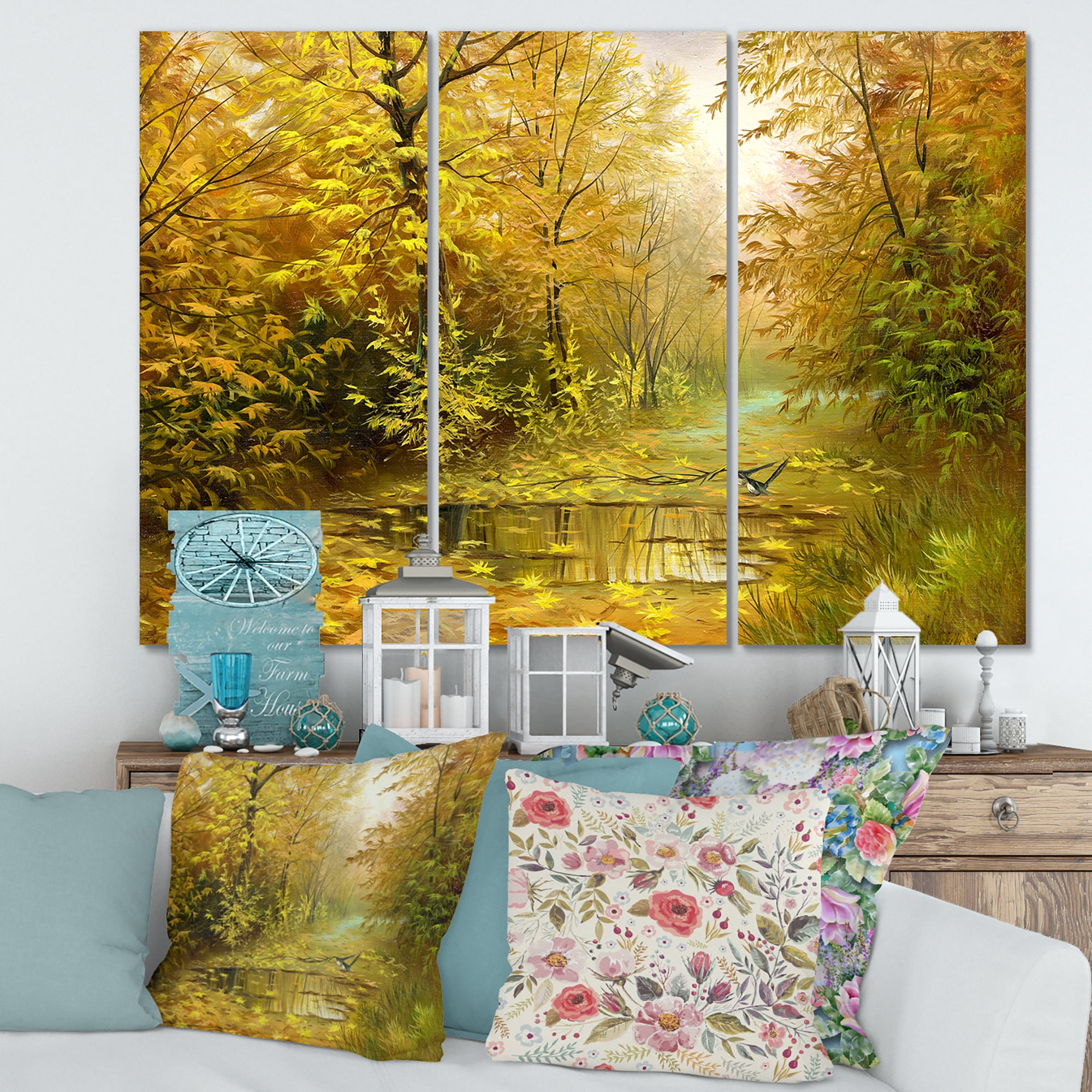 Designart ' Rain Water On Road In Yellow Woodlands ' Country Canvas Wall Art Print