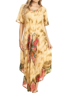 Sakkas Nalani Womens Flowy Caftan Tie Dye Summer Dress Cover up Relax Fit - Beige - One Size Regular