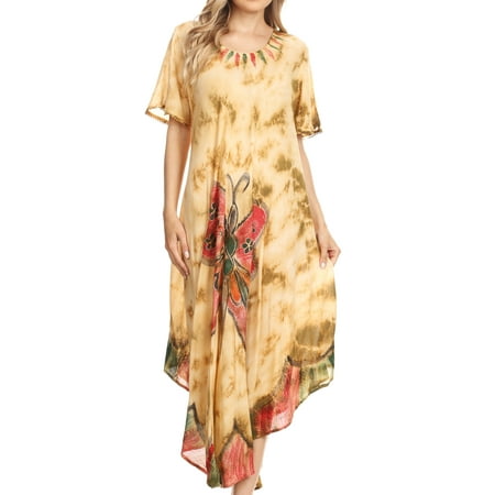 - Sakkas Nalani Womens Flowy Caftan Tie Dye Summer Dress Cover up Relax Fit - Beige - One Size Regular