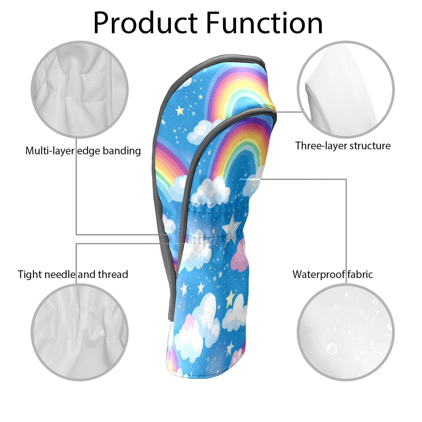 Golf Club Covers PU Leather Waterproof Head Covers for Fairway Woods Hybrids White Clouds Rainbow Unisex Fits Most Brands