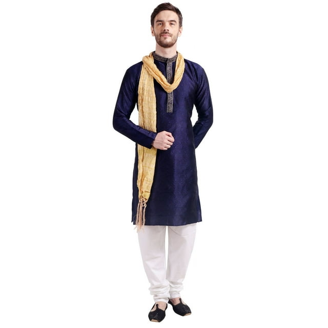 Tenue de Fête de Mariage Indienne Kurta Pyjama pour Homme avec Foulard (Bleu, G)