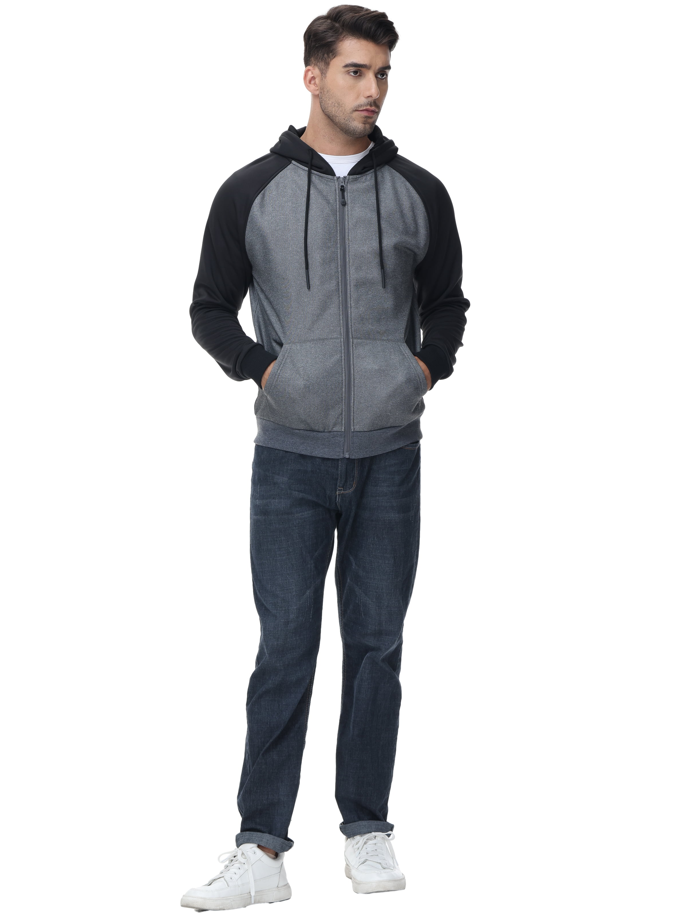 Weilanxin Men's Color Block Pullover Fleece Hoodie Casual Hooded Sweatshirts Tops Full Zip Jacket with Pocket Athletic Hoodies For Men Black Contrast Dark Grey M