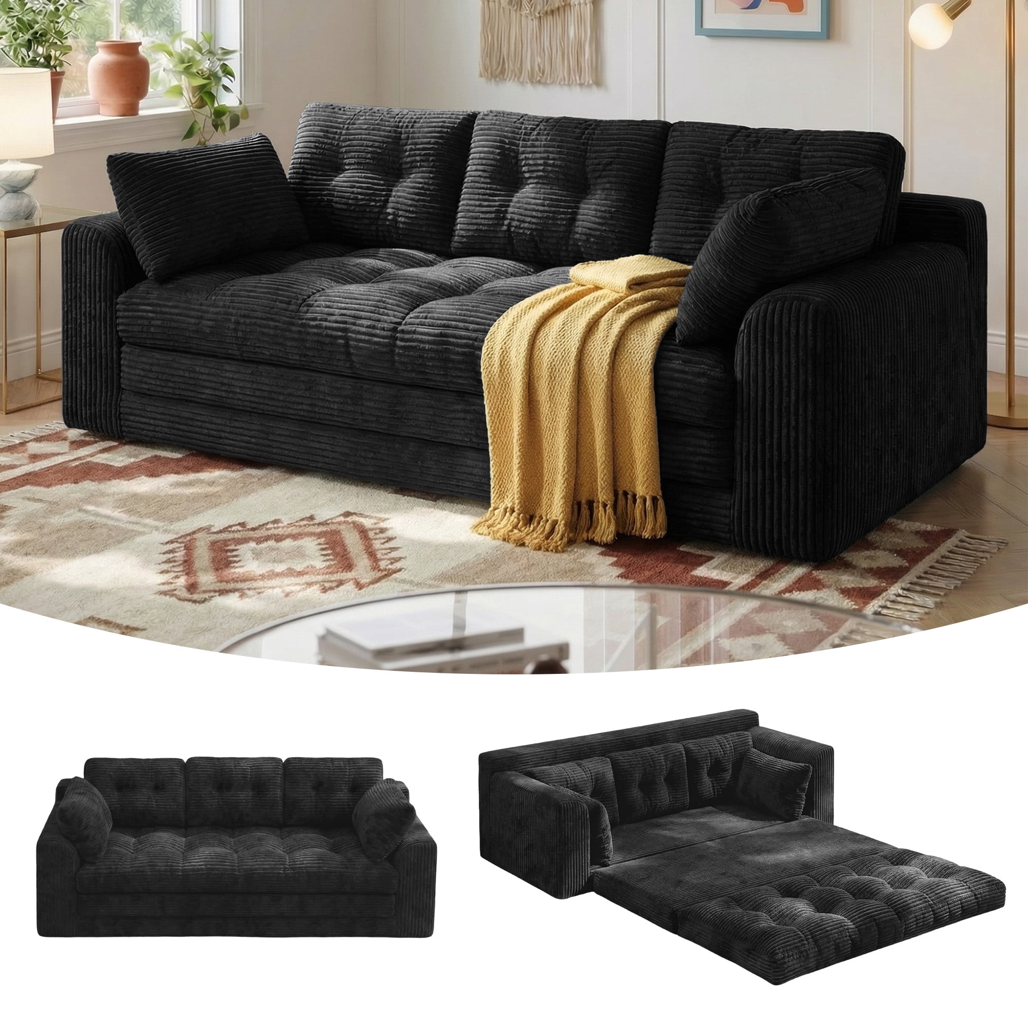 EnHomee 74.8" Foldable Sofa for Adult 3 Seater Sofa Bed Couch with Deep Seat Adjustable Floor Sofa Couch with 5 Pillows,Black
