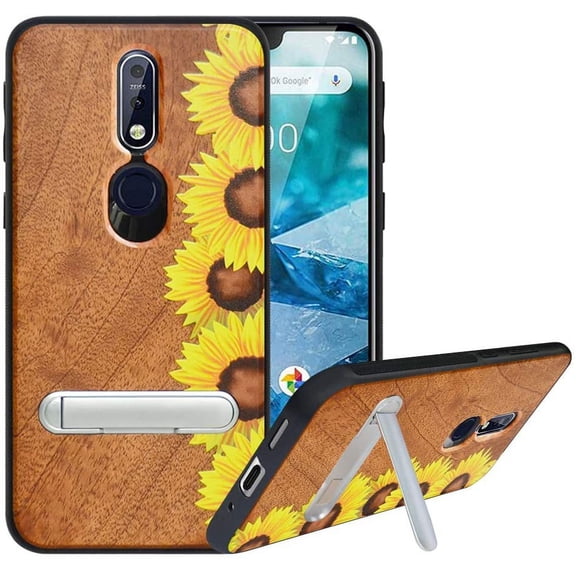 Labanema Nokia 7.1 2018 Case, Nokia 7.1 2018 Cover with Metal Kickstand, Natural Wood TPU Cover, Anti Scratch Case for Nokia 7.1 2018 (Sunflower)
