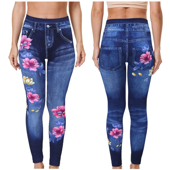 LoyisViDion Woman Pants Clearance Women Casual Pants Floral Printed High Waist Imitation Denim Leggings Elasticity Pencil Pants Trousers Pink 10(XXL)