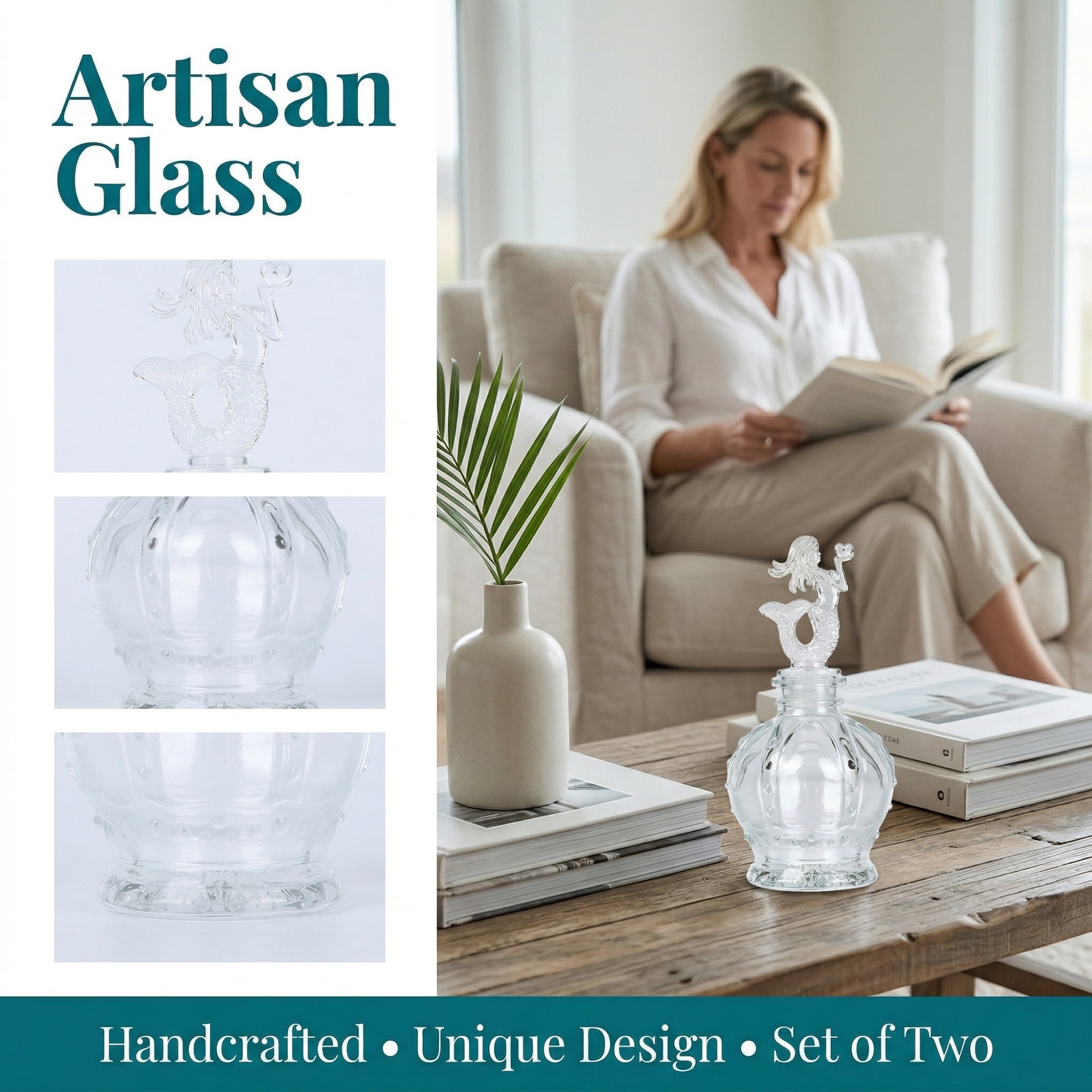 Unique Bargains 2pcs Decorative Glass Jars with Ornate Glass Stoppers Crown Base 2.8"x2.8"x5.9"