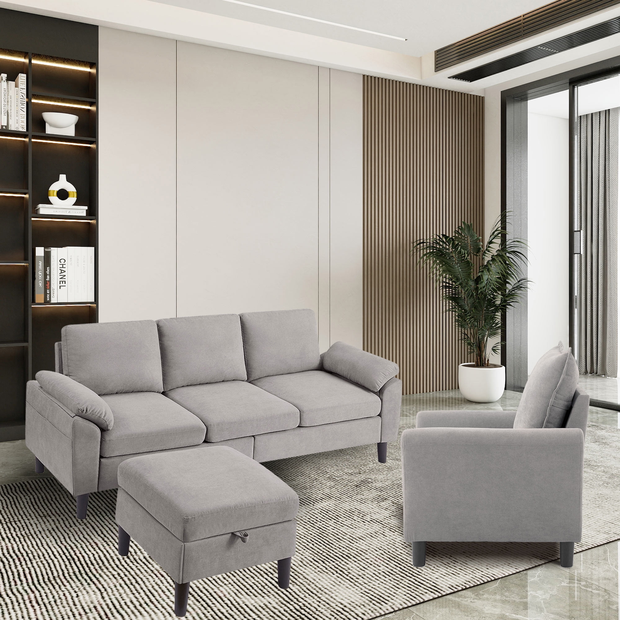 79" Convertible Sectional Sofa Set, Modern Linen Small L Shaped Couch with Reversible Chaise and Loveseat Sofa, 3-Seat Sofa Couches for Living Room, Office, Apartment, Lightgrey