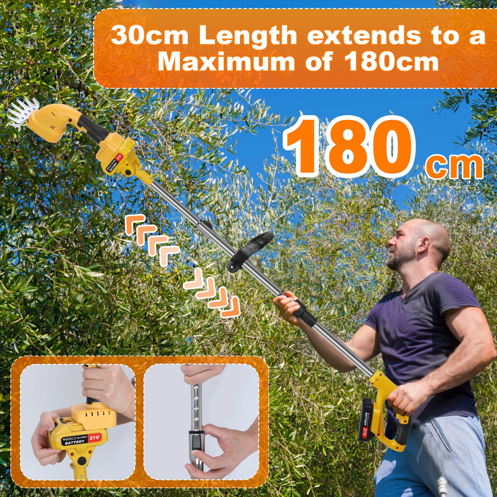 bestolf 21V Pole Hedge Trimmer, Pole Mini Hedge Trimmer & Grass Shear, Electric Hedge Trimmer with Extension Pole, Cordless Hedge Trimmer with Battery And Charger