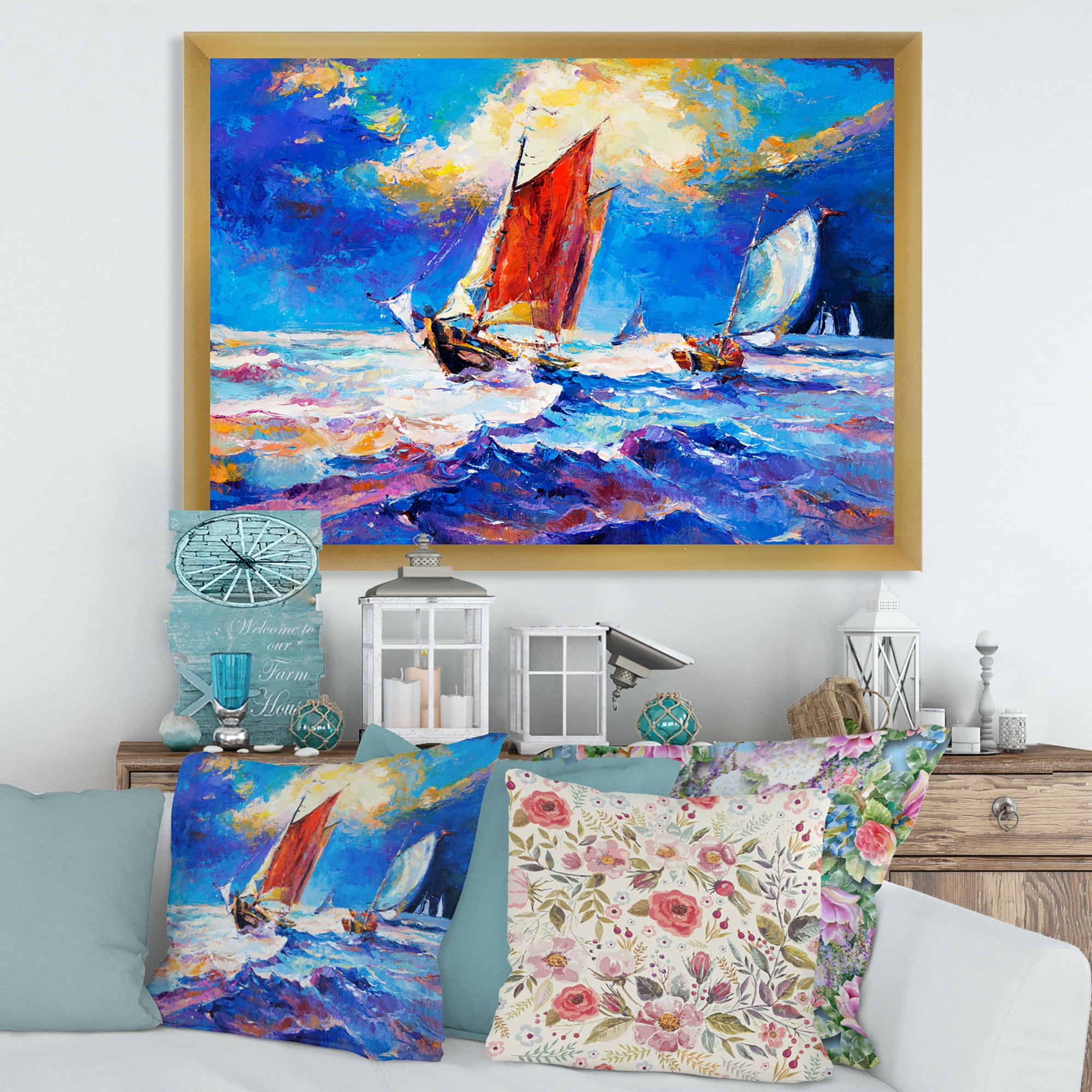 Sail ships On The Ocean Waves During Evening 32 in x 24 in Framed Painting Canvas Art Print, by Designart