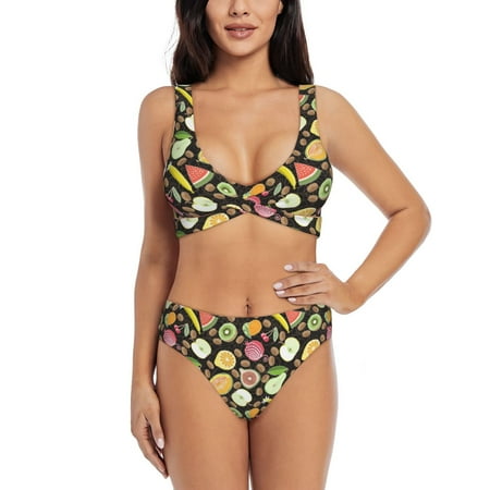 Zeuib Fruits High Waisted Tummy Control Bikini Set - Knot Front Push Up Top & Cheeky Thong Bottom  Two-Piece Swimsuit for Women-Large