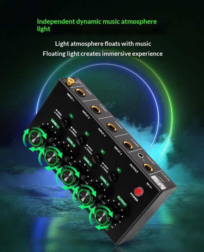 4 Channel Audio Mixer Bluetooth, Small Sound Board Console with 48V Phantom Power, USB Interface for Recording Guitar Podcast Live Streaming, Portable Stereo Mixer(wwx)