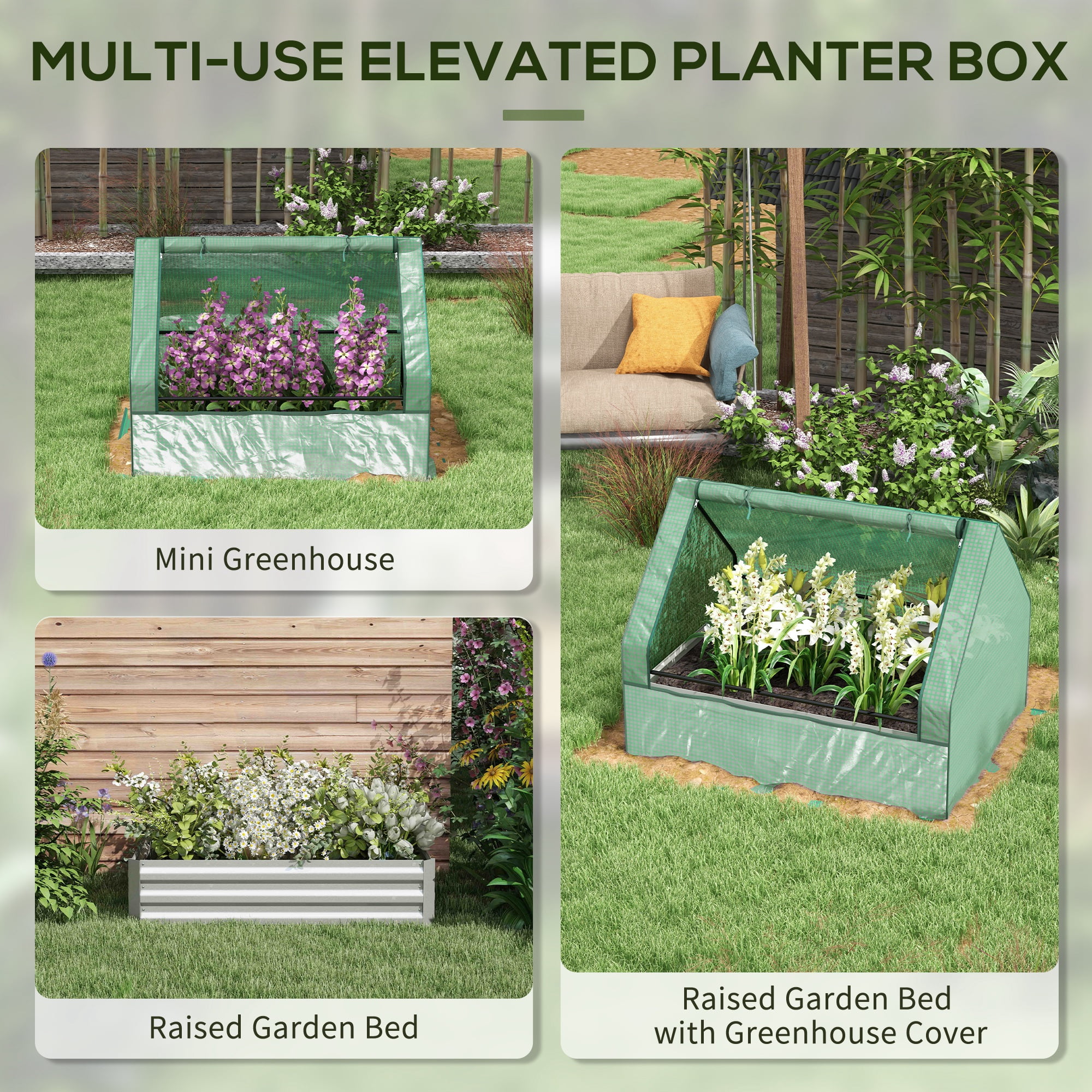 Outsunny Raised Garden Bed with Small Greenhouse, Green and Silver