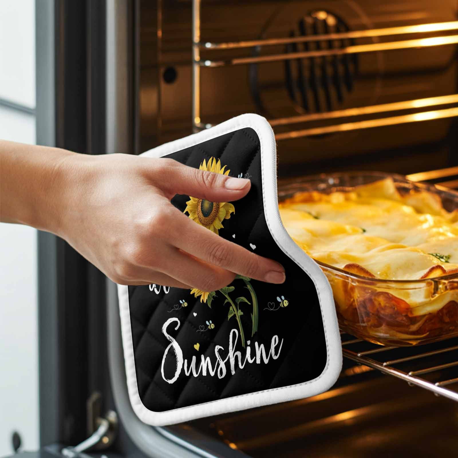 Yellow Sunflower Pot Holders for Kitchen Heatproof Potholder, 3 Pack Summer Flower Bee Sunshine Black Hot Pads Multipurpose Oven Pads Cloth Potholders Trivet for Cooking Baking