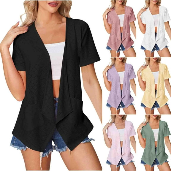 ZZwxWA Women's Short Sleeve Cardigan Open Front V Neck Lightweight Bolero Cropped Shrug Summer Hollow Out Tops with Pocket