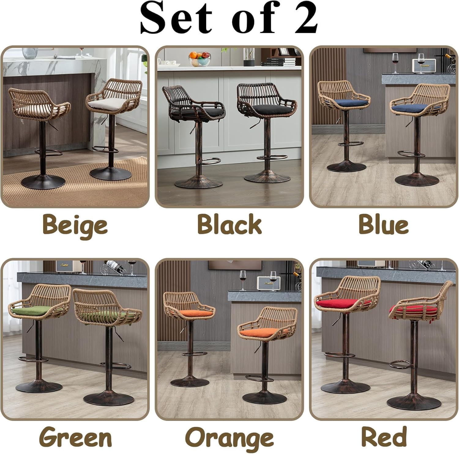 BISHE Adjustable Rattan Bar Stools Set of 2 with Cushion, Boho Bar Stools with Footrest, Wicker Barstools Counter Height with Backs, High Chair for Kitchen Island, Bistros, Metal Base, Orange