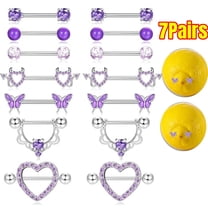 7 Pairs 14G Nipple Rings Surgical Steel Nipple Piercing CZ Heart Butterfly Barbell Tongue Rings Set Cute Nipple Tongue Piercing Jewelry