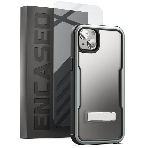 Encased Exos-Armor Case Designed for iPhone 14 PLUS with Screen Protector and Metal Kickstand, Shockproof [MIL-Spec] Ultra Protective Aluminum Frame - Gray