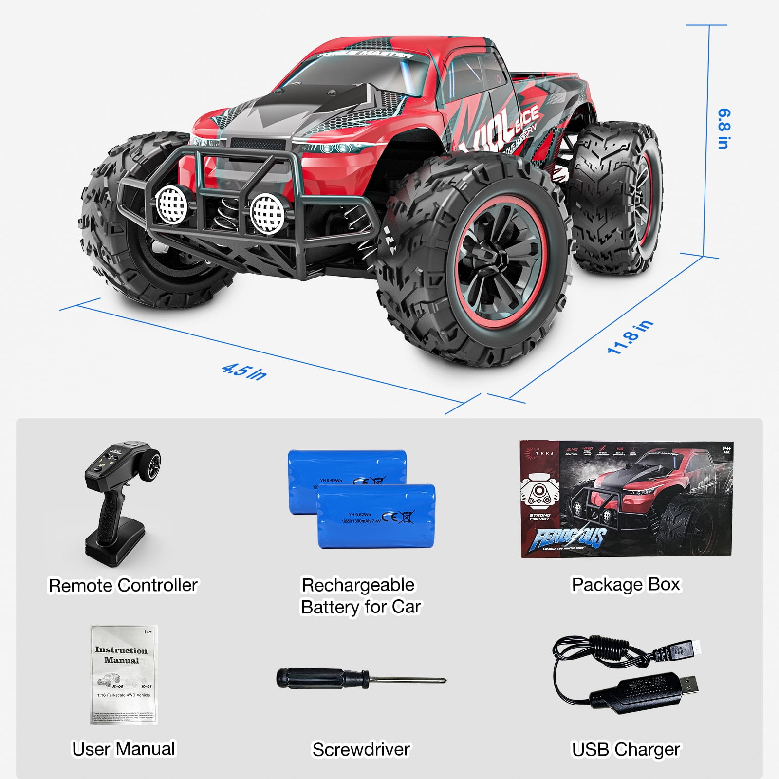 Remote Control Car 1:16 RC Cars , 4WD High Speed 40+ km/h off Road RC Vehicle Truck, All Terrains Electric Toy Trucks with Two Rechargeable Batteries for Boys Kids and Adults Red