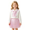 thumbnail image 3 of Girls Korean Style 3‑Piece Outfit Embroidered Bow Long Sleeve Blouse Striped Pleated Skirt with Sailor Shawl Fashion Preppy Set for Campus Outdoor Daily Casual Wear(Pink,3-4 Years), 3 of 8