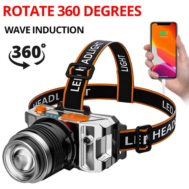 Xihbxyly Linterna Frontal con Luz Led de Encendido Inductivo, Carga Rápida Usb, Alcance de 200-500 M, Correa Ajustable y Transpirable, para Actividades Al Aire Libre, Pesca, Senderismo y Acampada, Co